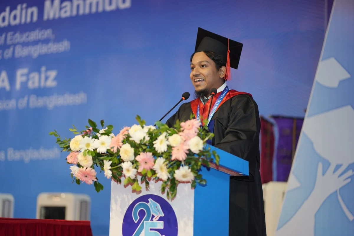 Alif Elham Khan delivering the valedictory address at North South University's 25th Convocation